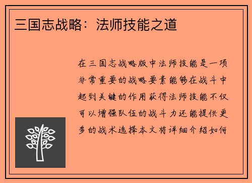 三国志战略：法师技能之道